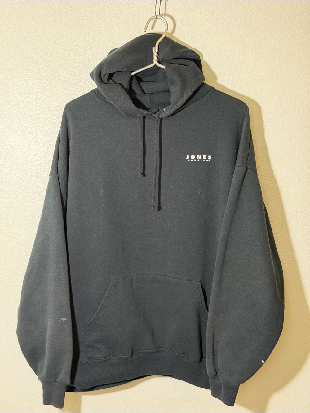 Vintage pullover hoodie sweatshirt jones soda company black paint distressed 2XL